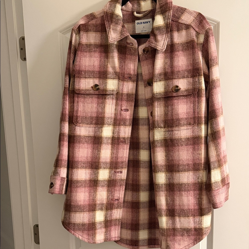 Old Navy Women's Pink and Cream Plaid Utility Jacket
